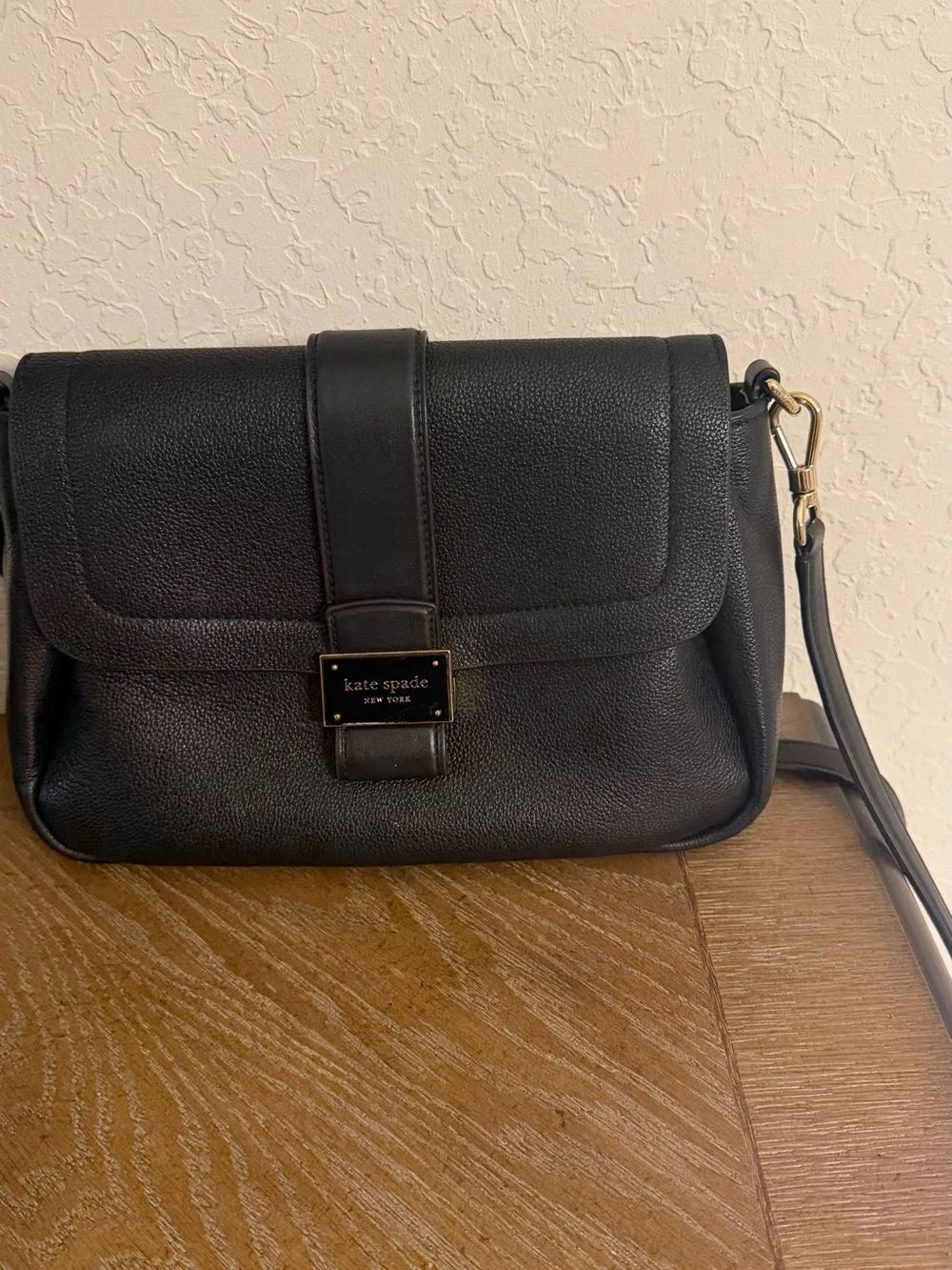 kate spade Black Pebbled Leather Flap Crossbody with Gold-Tone Hardware